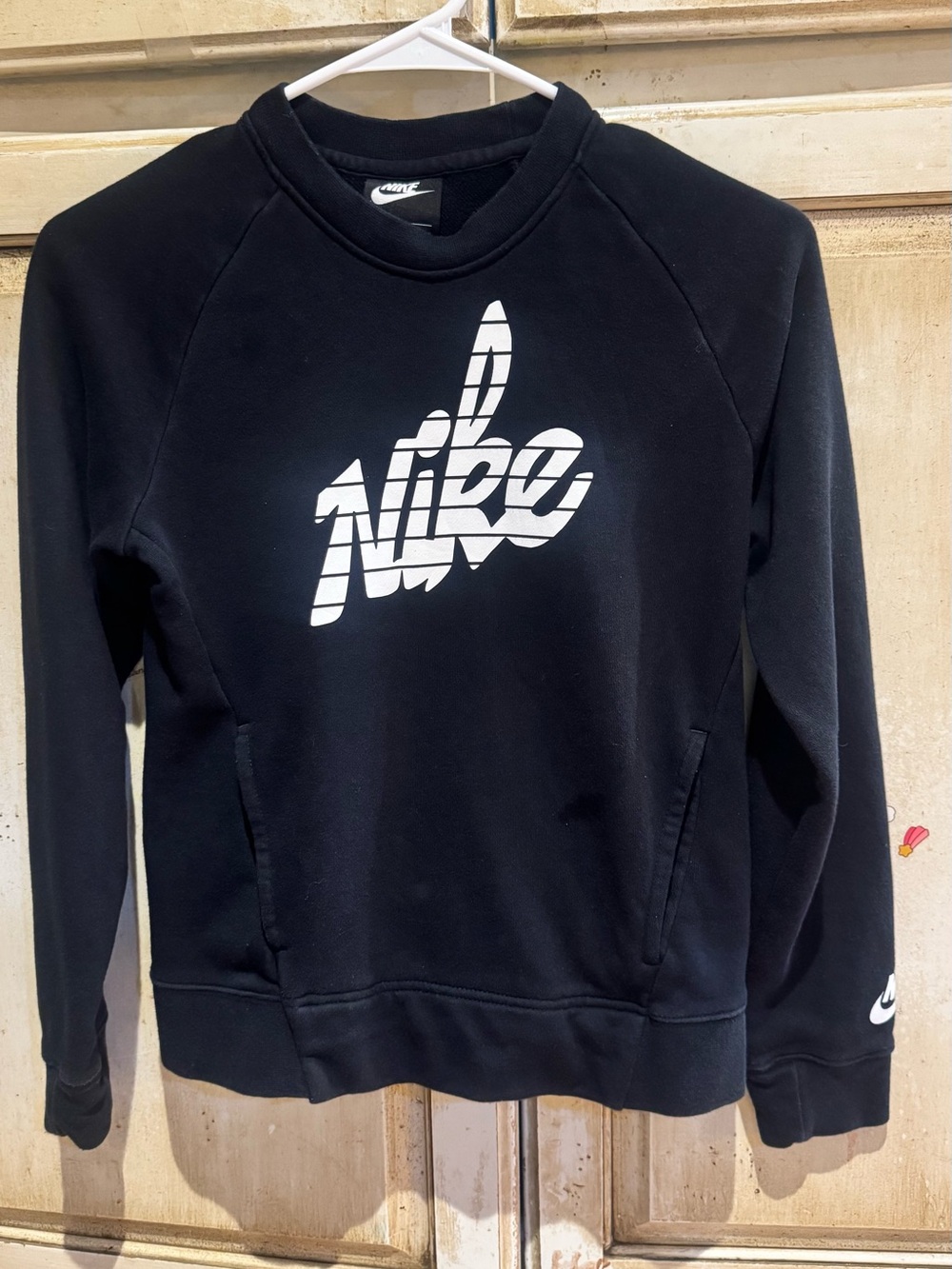 Nike Black Crewneck Sweatshirt with White Script Logo & Pockets!